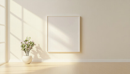 A white framed picture sits on a wall in a room with a window