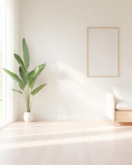 Fototapeta premium A white living room with a large potted plant and a white couch