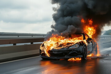 A black sports car fire on a highway. Black smoke rises above the burning car. Front shot.