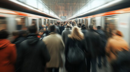The back of busy people filling the subway platform. Rush hour subway. Commuters. Motion blur effect.