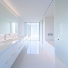 Fototapeta premium A white bathroom with a large mirror and two sinks