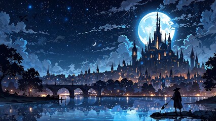 Majestic Castle Under the Moonlit Starry Sky