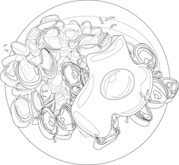 healthy breakfast vector food mussels gray, black and white image, lines, coloring book