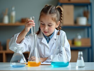 Curious young girl conducting a science experiment with colorful liquids in beakers, child in lab coat learning chemistry