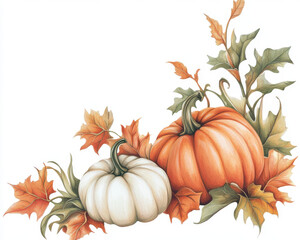 Naklejka premium A white and orange pumpkin is surrounded by leaves