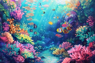 A vibrant underwater scene featuring colorful coral reefs and diverse fish swimming in clear blue water.