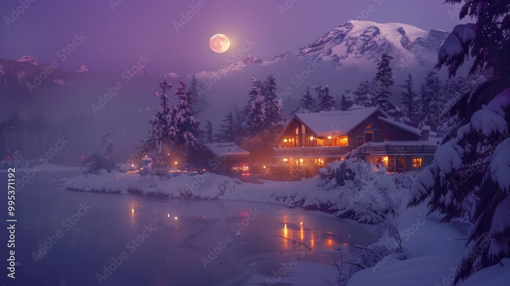Poster a house with a large mountain in the background