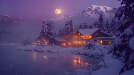 A house with a large mountain in the background