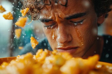 Spicy Food Challenge. Teenager crying while eating spicy food, emotional reaction to hot flavor, can be used for health blogs, food challenges, emotional storytelling, close-up with vibrant orange ba