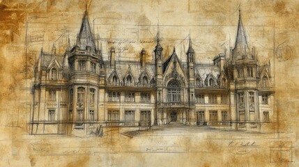 Fototapeta premium Faded Victorian town hall plans, sketched on old, brittle parchment, with detailed architectural flourishes and worn, creased edges