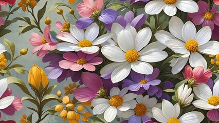 白いデイジーとピンク、紫、黄色の色合いの花々が集まったカラフルなブーケ。鮮やかで調和のとれた色の組み合わせが、新鮮さと自然の美しさ、喜びを感じさせます。

