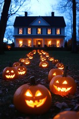 Ghostly figures drift silently through the misty streets of the old village, adding to the Halloween fear