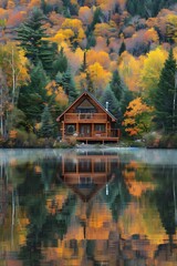 Fototapeta premium A serene wooden cabin surrounded by colorful autumn foliage reflecting in a calm lake.