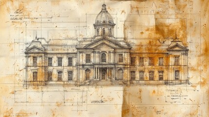 Old Victorian architectural plans of a courthouse, sketched on fragile, yellowed paper with faded lines and elegant flourishes