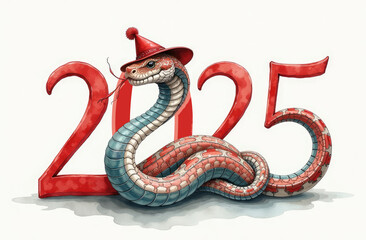 Letters 2025 are red in color with symbol of year, snake. Concept of celebrating the New Year
