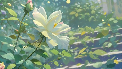 柔らかな光に照らされた庭で、白い花が繊細に咲いています。葉のわずかな動きが自然の新鮮さを捉え、静かで落ち着いた雰囲気が漂っています。