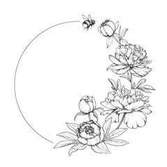Beautiful hand drawn vector frame with black and white blooming peonies and other garden flowers, bumblebee © natality