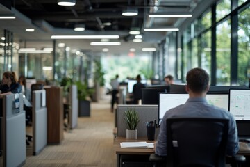 Obraz premium A bustling office scene where employees move between cubicles, engaging in discussions and sharing ideas, Generative AI
