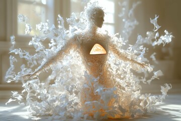 A digital figure with a hollow body surrounded by swirling shadows representing the emptiness felt with eating disorders