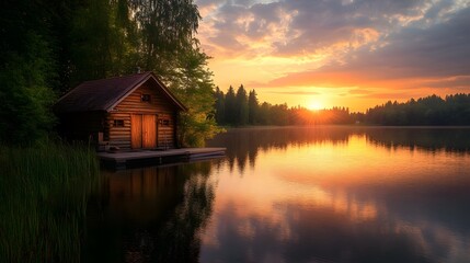 Obraz premium 55. A cozy fishing cabin on a lake at sunset with reflections on the water