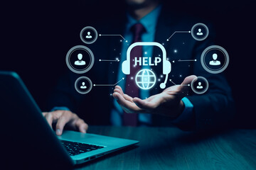 Communication and Contact us or Customer support hotline people connect. Hand using a laptop and touching on virtual screen contact icons, email and address, live chat with internet wifi.