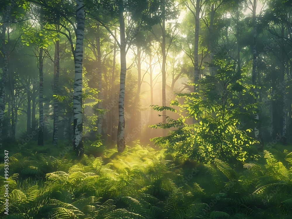 Wall mural A serene forest scene with sunlight filtering through trees and lush greenery.