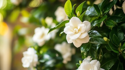 Obraz premium Beautiful white gardenias blooming in a lush green garden during a sunny afternoon