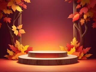 abstract pastel glow neon autumn red orange yellow background with wooden low stage podium. autumn concept