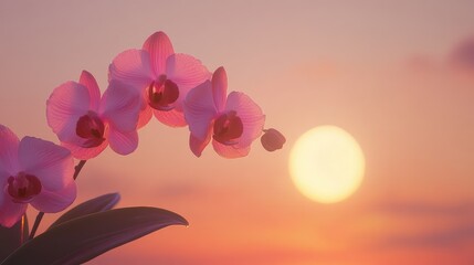 Orchid in full bloom, delicately framed against the backdrop of a luminous moon in a calm, twilight sky