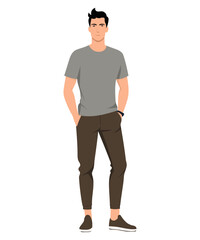 Vector illustration of a man in a gray and blue t-shirt and black pants. A comfortable and casual look for every day.