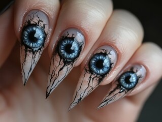 A creative nail art design featuring elongated nails with intricate eye patterns and dark veins, showcasing a unique gothic aesthetic.