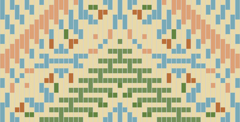 Pixel Art Islamic Geometric Pattern Stencilfolk Embroidery, Aztec Geometric Ornament Print. Design for Carpet, Wallpaper, Clothing, Wrapping, Fabric