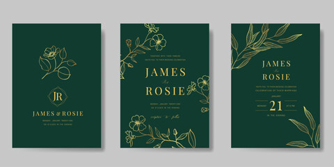 Luxury wedding invitation card vector template. Green background with gold line art, flower, leaves branches, foliage. Design illustration for vip cover, poster, rsvp modern card.