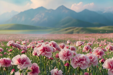 Fototapeta premium Stunning Carnation Flower Field with Majestic Mountain Backdrop. Natural Beauty, Seasonal Bloom.