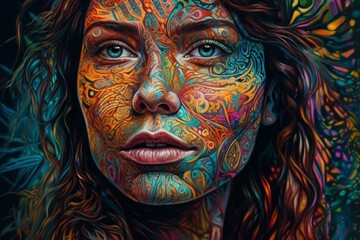 A colorful portrait of a woman with intricate body art.