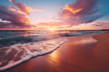 A serene beach at sunset with vibrant colors reflecting on the water.