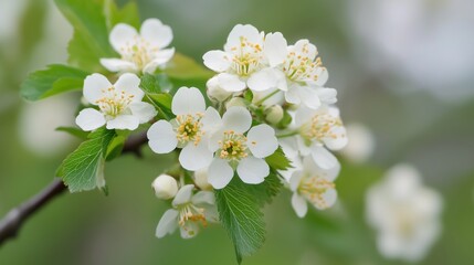 Fototapeta premium Blooming white flowers with delicate petals on a branch during springtime in a sunny garden