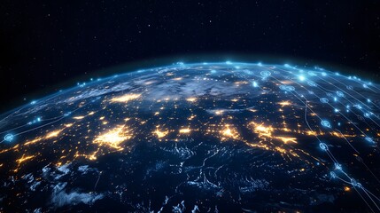 Obraz premium Planet Earth, city lights and cellular digital network growing binary data. 