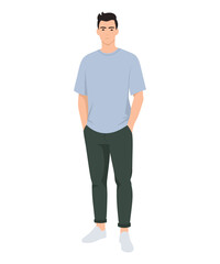 Fototapeta premium Vector illustration of a man in a light blue t-shirt and green pants