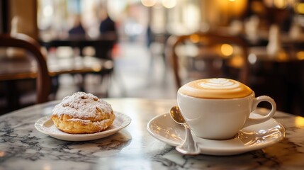 A cappuccino being served with a small pastry in a charming Italian caf