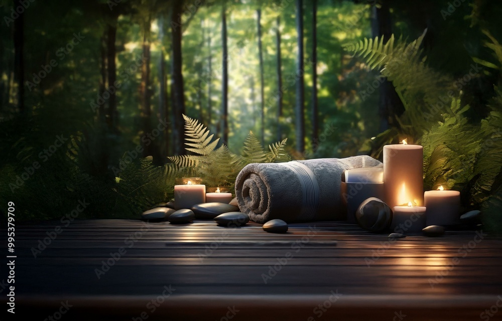 Aufkleber a rolled towel, four lit candles, and several smooth stones rest on a wooden surface in front of a b