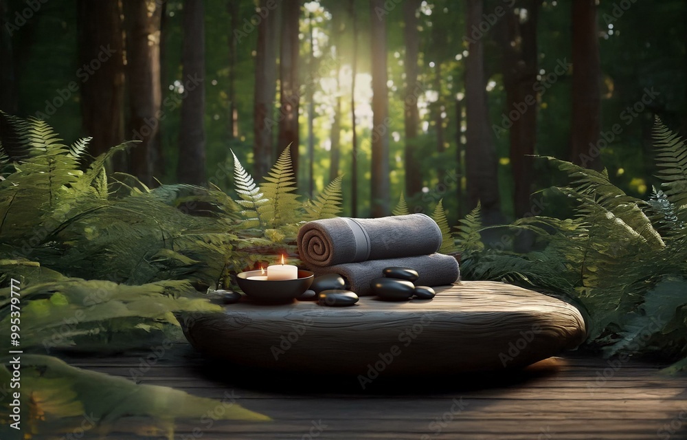 Poster a lit candle and stacked towels are placed on a wooden platform in a forest setting.