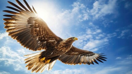 Fototapeta premium Eagle Soaring Through Blue Sky with Sun Shining Brightly