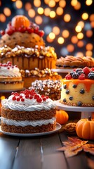 Delicious Cakes with Autumn Decor and Bokeh Background