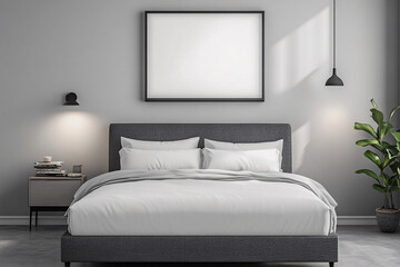 minimalist gray bedroom interior with white bedding and empty frame