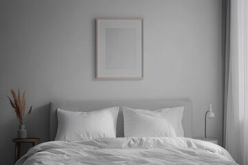 minimalist white bedroom interior with grey headboard and empty frame  - stock photo