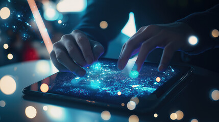 Businessman manages 3D data from a tablet, his hands touching the futuristic screen to emphasize his direct interaction with the digital world.