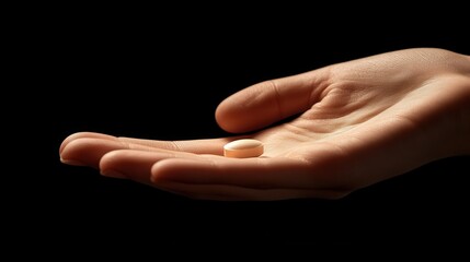 A close-up of a hand holding a single capsule, symbolizing health, wellness, and medication in a dark background.