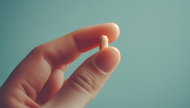 A close-up of a hand holding a single pill against a soft blue background, symbolizing health and wellness.