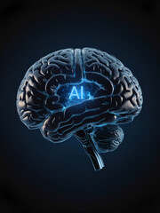 Ai chip controlling human brain against dark background 